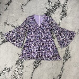 Double Crazy Dress Womens Size XL Purple White Floral V Neck Long Bell Sleeves